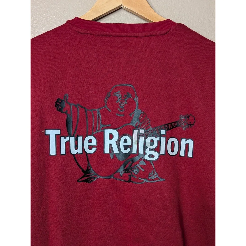 True Religion Sweatshirt Men Medium Red Buddha Logo Streetwear Graphic Crewneck